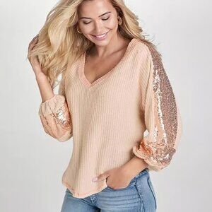 VENUS ROSE GOLD SEQUIN WAFFLE KNIT TOP PLUS SIZE